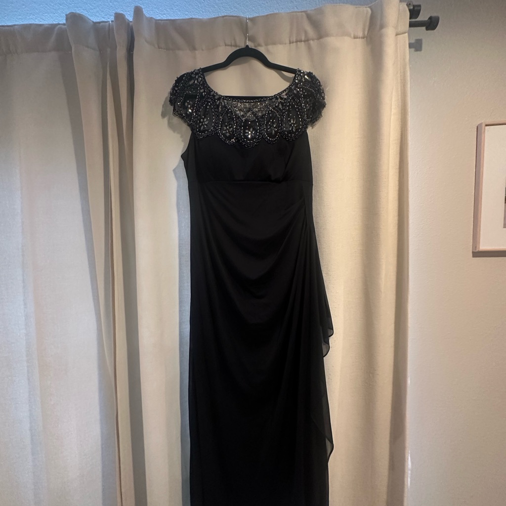 Xscape Beaded Neckline Ruffle Floor Length Dress
